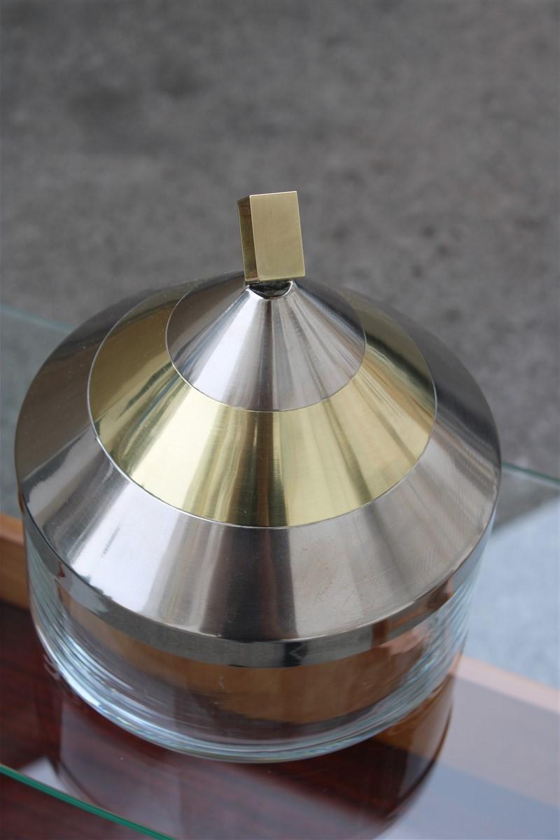 Late 20th Century Decorative Round Box in Glass Steel Gilded Brass Italian Design 1970 Romeo Rega For Sale