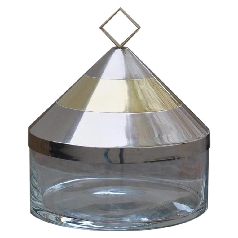 Caja redonda decorativa de cristal acero latón dorado Diseño italiano 1970 Romeo Rega