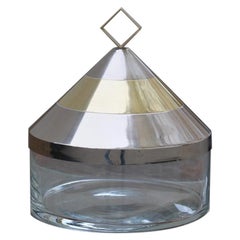 Caja redonda decorativa de cristal acero latón dorado Diseño italiano 1970 Romeo Rega