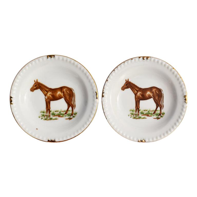 Traditional Style Round Equestrian Style Horse Plates with Gold Trim, a Pair