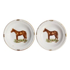 Antique Traditional Style Round Equestrian Style Horse Plates with Gold Trim, a Pair