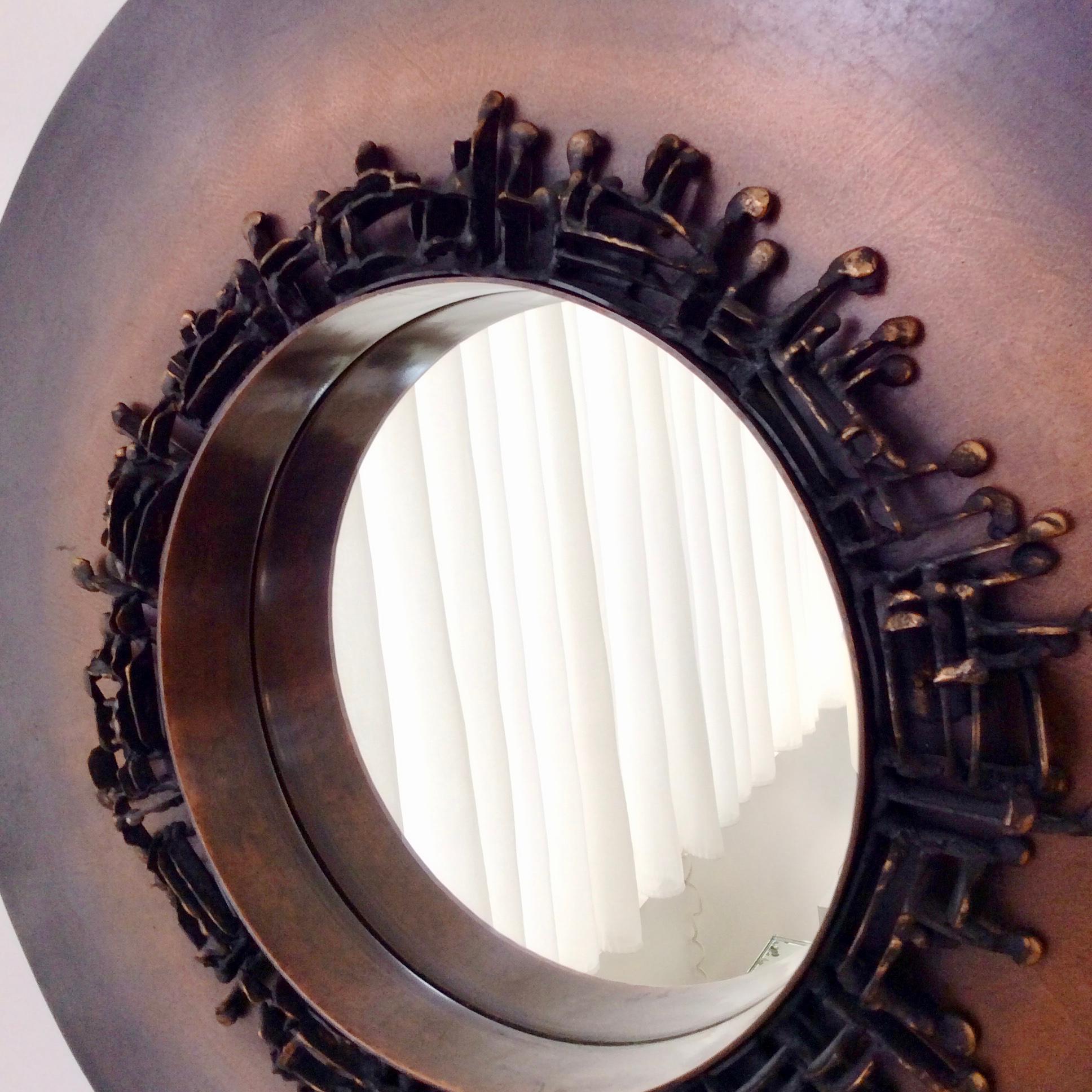 Brutalist round mirror, circa 1970, France.
Bronze patinated metal.
Dimensions: Total diameter: 50 cm, diameter of the mirrored glass 23 cm. 7 cm D.
Good original condition.
All purchases are covered by our Buyer Protection Guarantee.
This item can