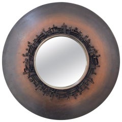 Brutalist Bronze Patinated Round Mirror, circa 1970, France
