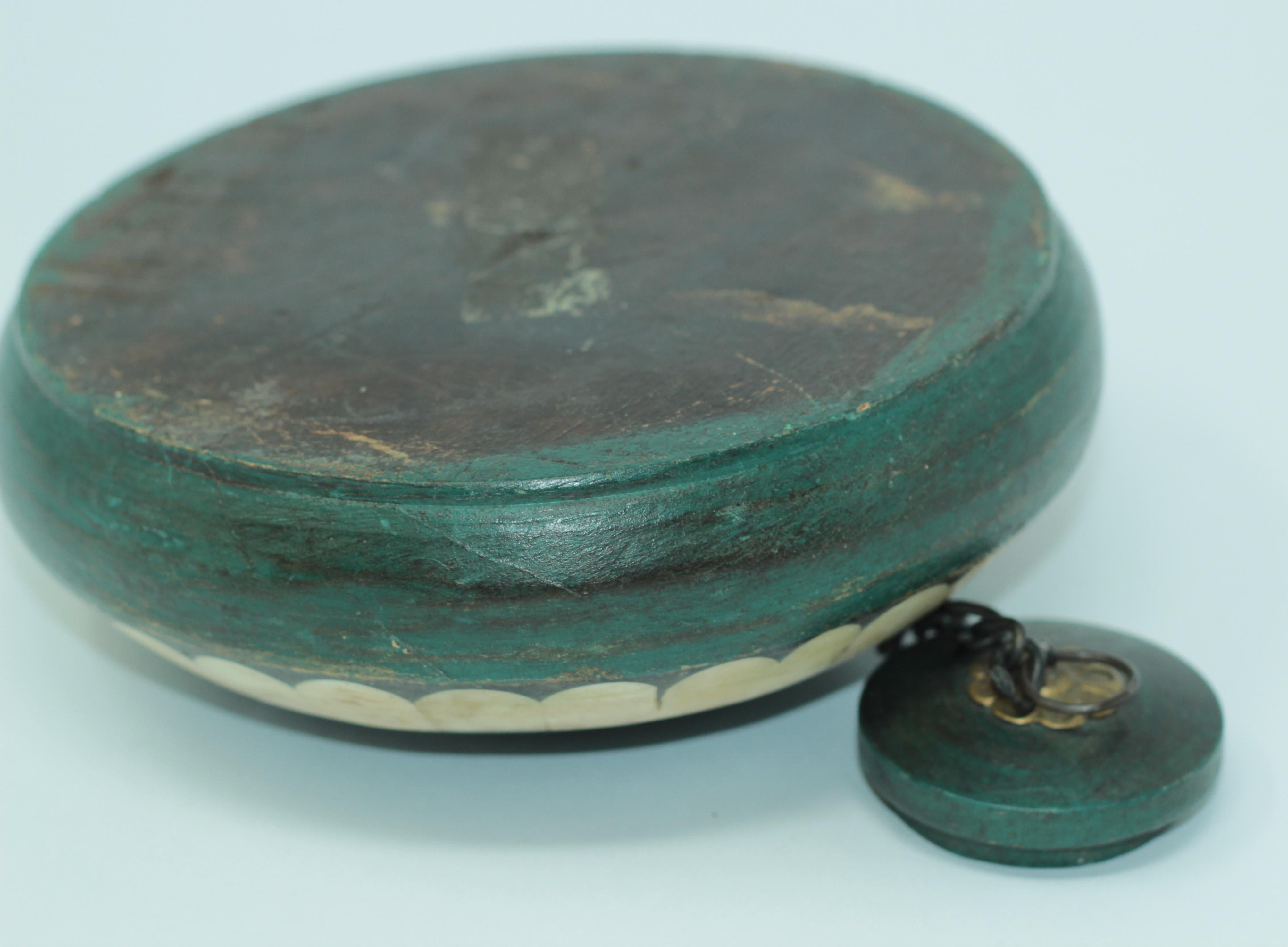 Inlay Decorative Round Opium Container Box Inlaid with White Bone and Brass