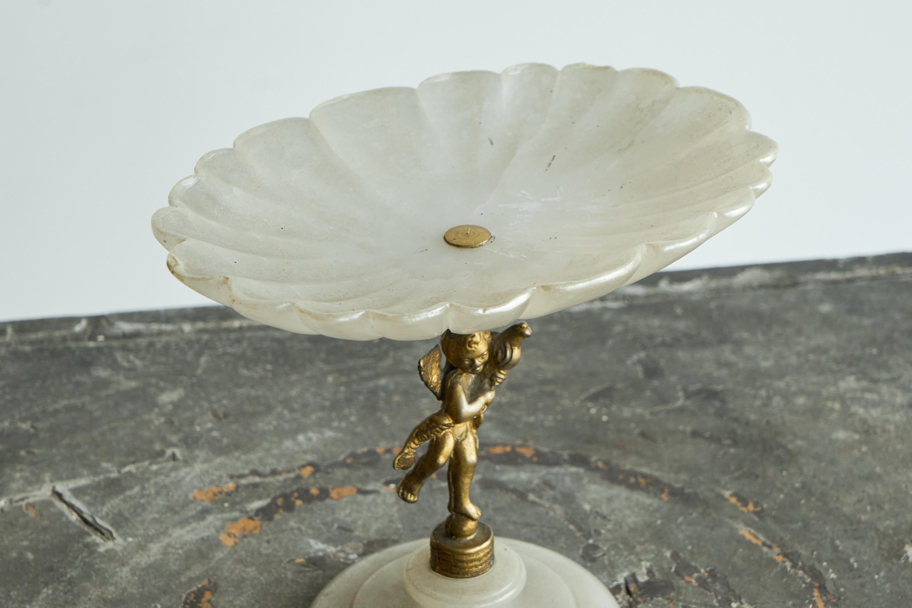 European Decorative Scalloped Pedestal Bowl in Soapstone and Brass Early 20th Century For Sale