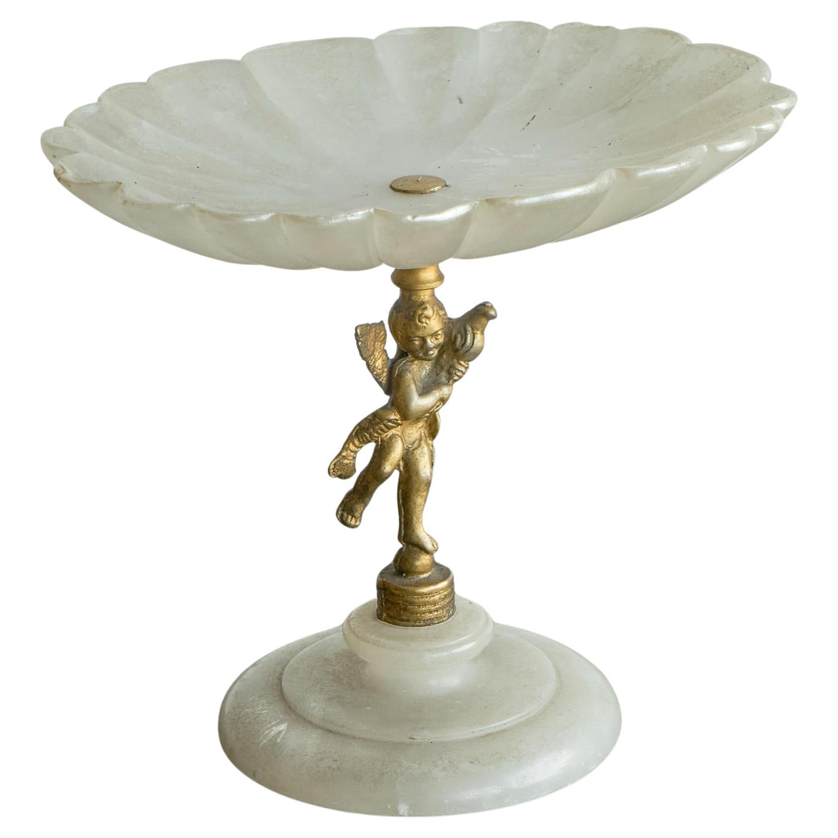 Decorative Scalloped Pedestal Bowl in Soapstone and Brass Early 20th Century For Sale