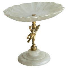 Antique Decorative Scalloped Pedestal Bowl in Soapstone and Brass Early 20th Century