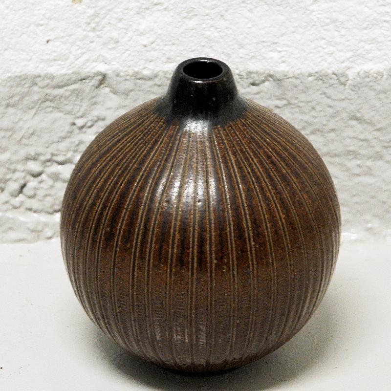 Glazed Decorative Scandinavian melonshaped Ceramic Vase by Wallåkra Sweden 1950s For Sale