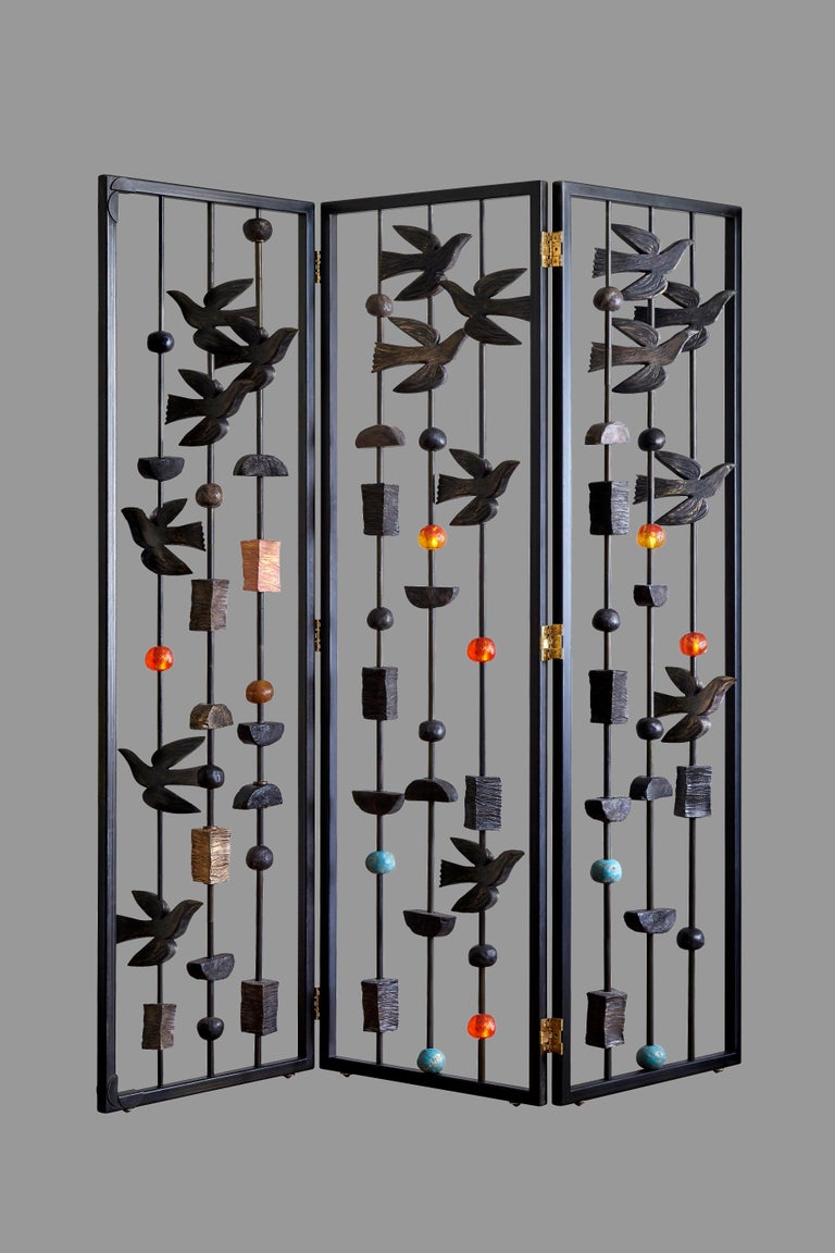 Modern Decorative Room Divider, Blackened Steel And Sculptural Pieces By Margit Wittig For Sale