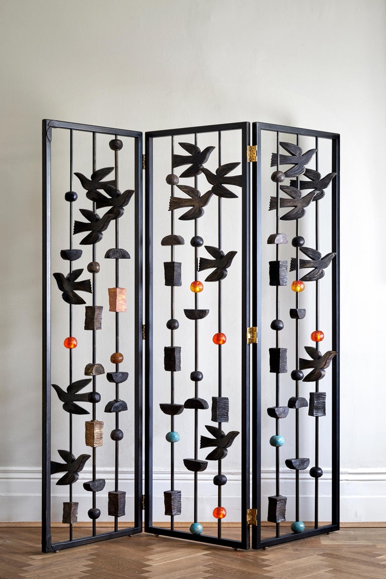 English Decorative Room Divider, Blackened Steel And Sculptural Pieces By Margit Wittig For Sale