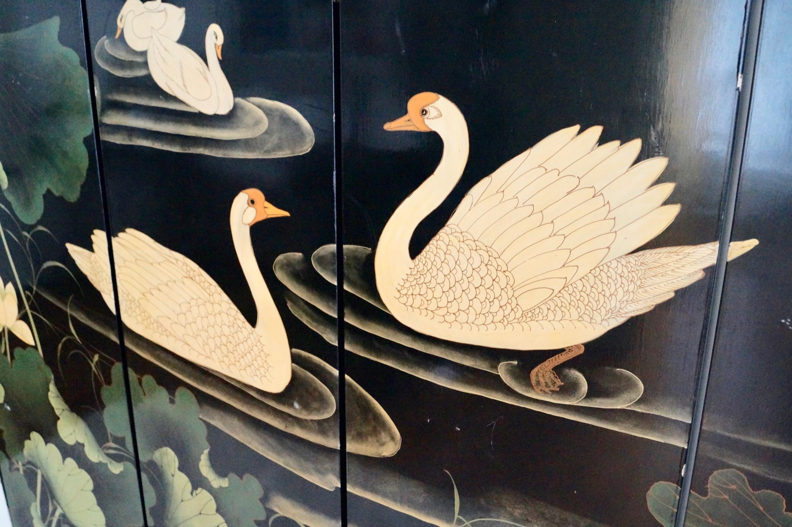 Decorative screen/room divider with flowers and swans
France, 1970s

Wear consistent with age. Some minor restorations.

Measures: 184cm high and width is 160cm.
 