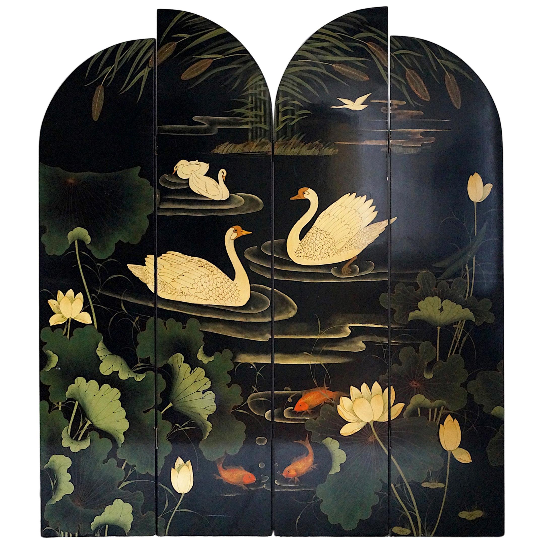 Decorative Screen with Flowers and Swans, France, 1970s For Sale