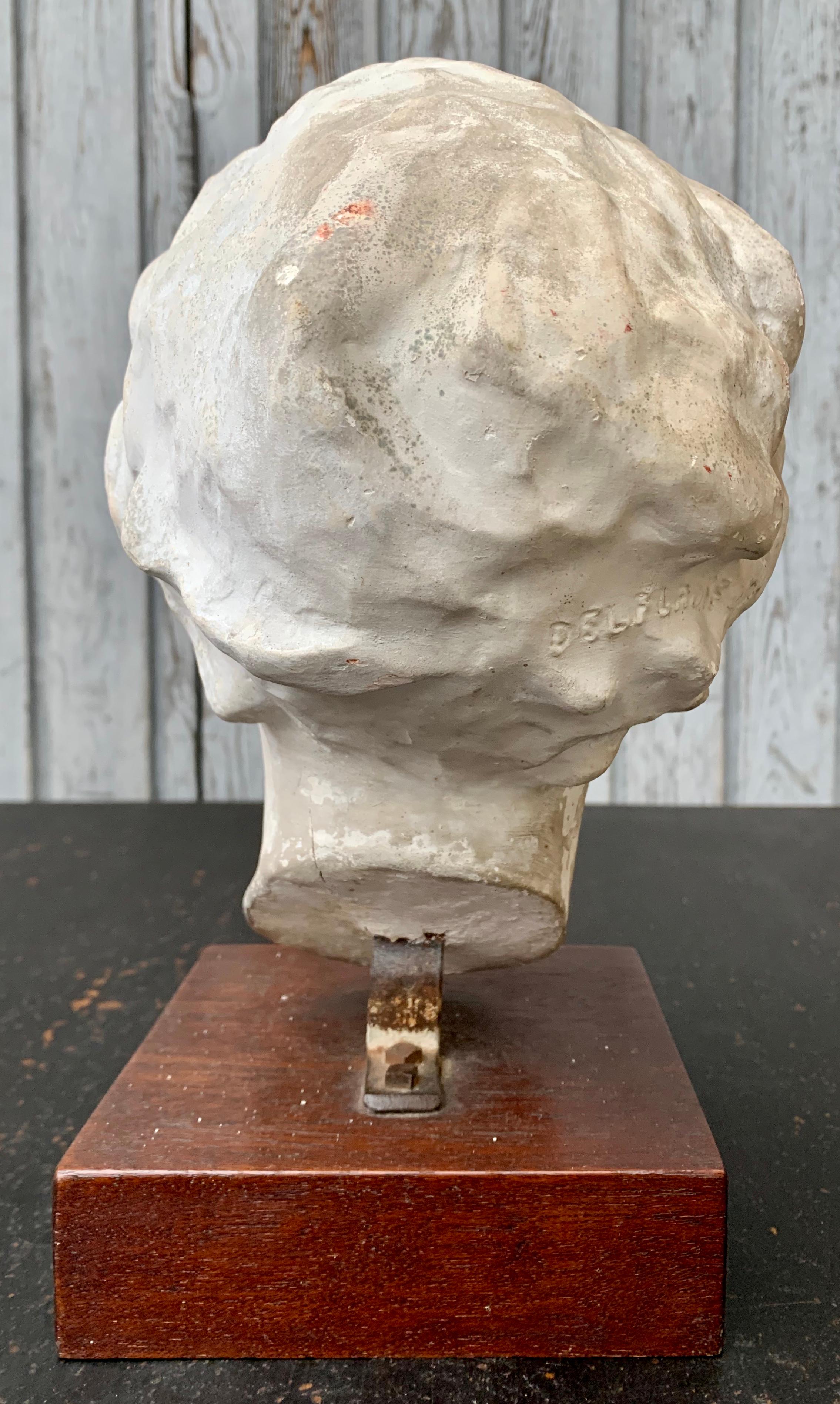Belgian Decorative Sculpture of Putti's Head Plaster on Wooden Stand For Sale