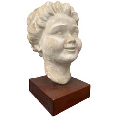 Vintage Decorative Sculpture of Putti's Head Plaster on Wooden Stand