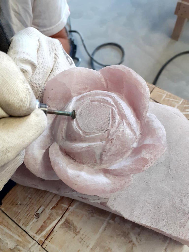 Decorative Sculpture Ornament Rose Blossom Solid Block Rose Quartz Hand Carved For Sale 5