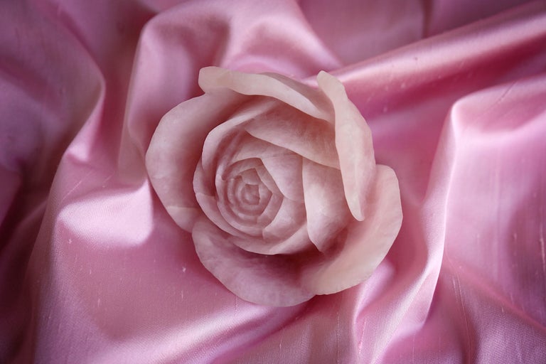 Modern Decorative Sculpture Ornament Rose Blossom Solid Block Rose Quartz Hand Carved For Sale