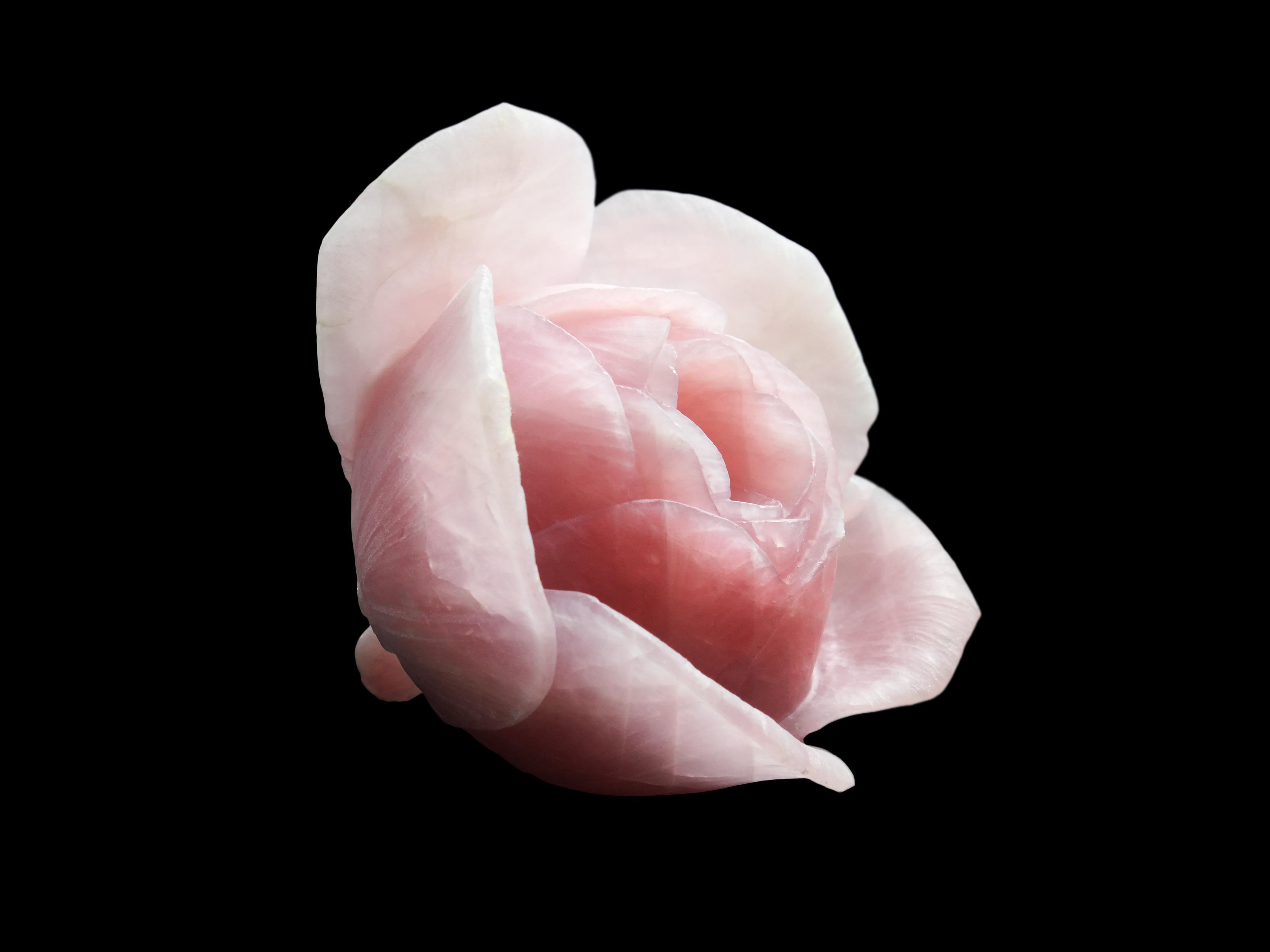 Italian Decorative Sculpture Ornament Rose Blossom Solid Block Rose Quartz Hand Carved For Sale