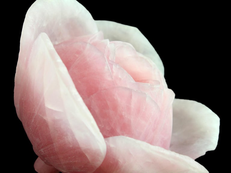 Contemporary Decorative Sculpture Ornament Rose Blossom Solid Block Rose Quartz Hand Carved For Sale