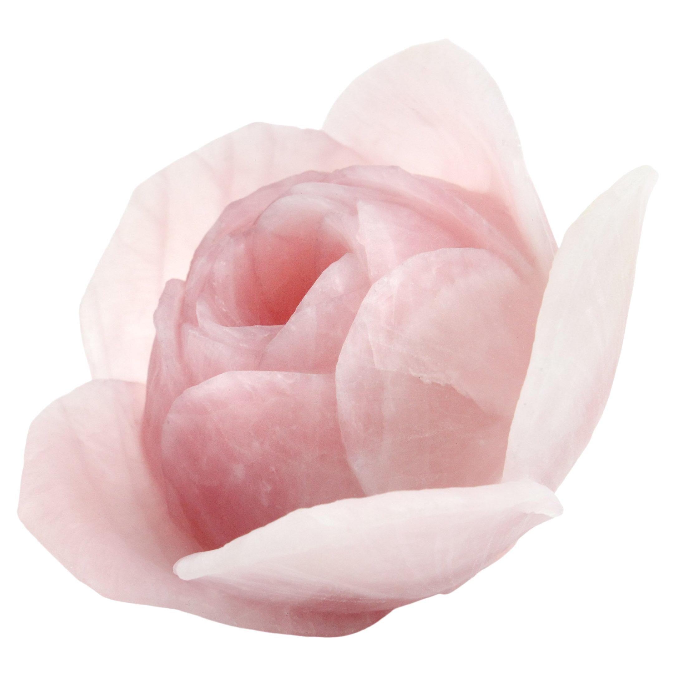 Dekorative Skulptur Rose Blossom, Ornament, massiver Block, Rosenquarz, handgeschnitzt im Angebot
