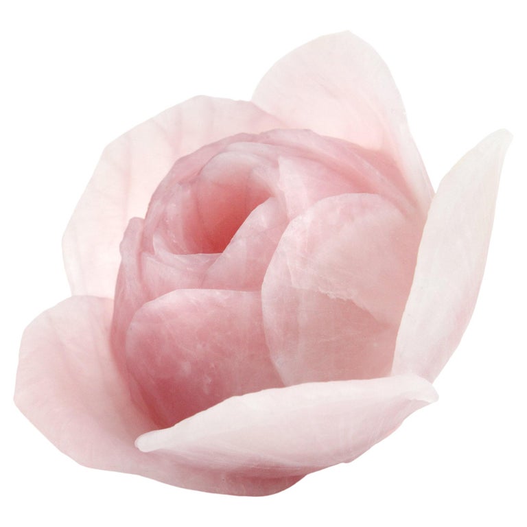 Decorative Sculpture Ornament Rose Blossom Solid Block Rose Quartz Hand Carved For Sale