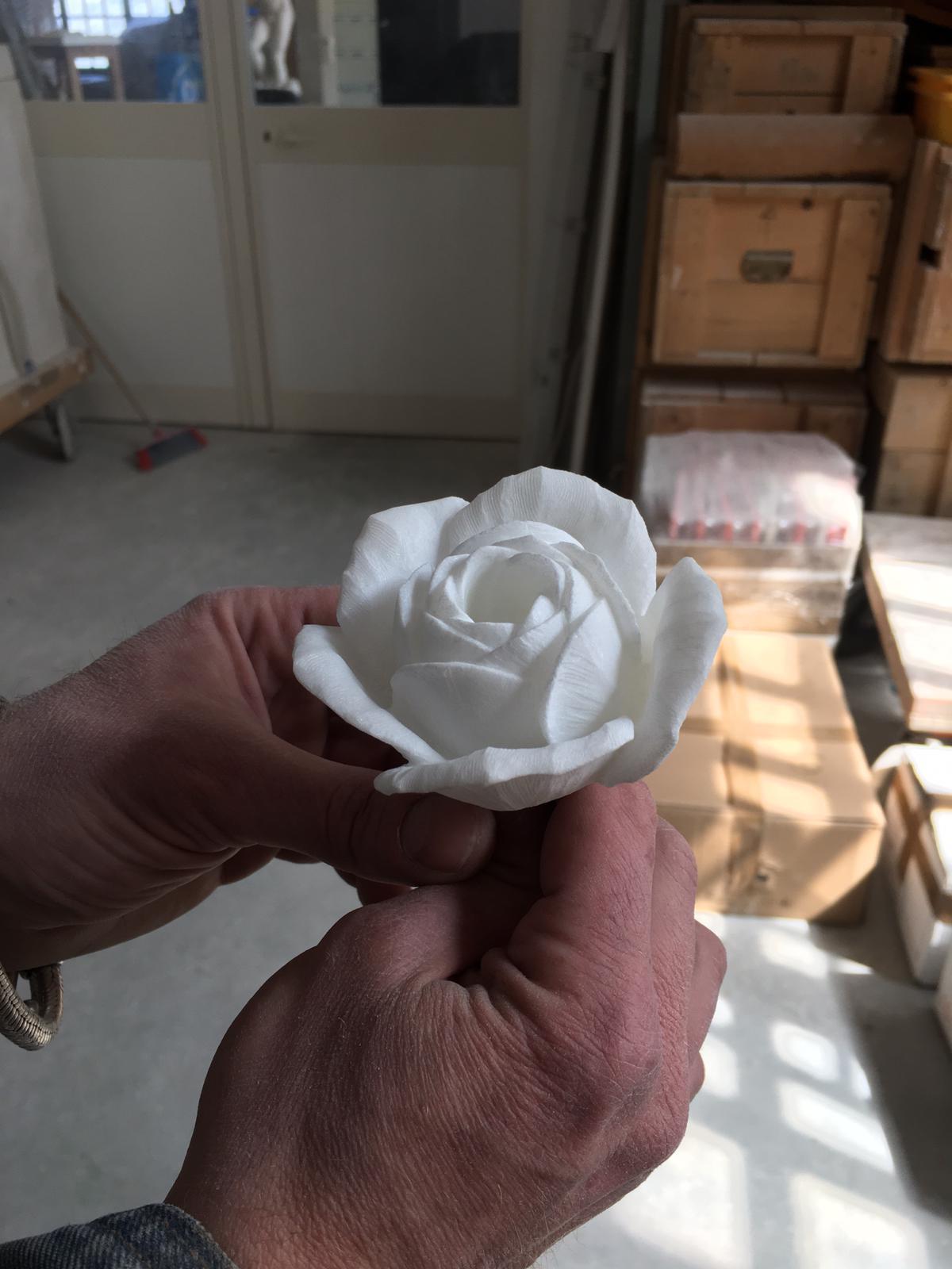 Rose blossom sculpted entirely by hand starting from a solid block of white statuary marble.

Dimensions: D 12 x H 12 cm. Available in different marbles, onyx and quartzite. 

Each rose is hand signed and numbered by the artists (engraved), 100%