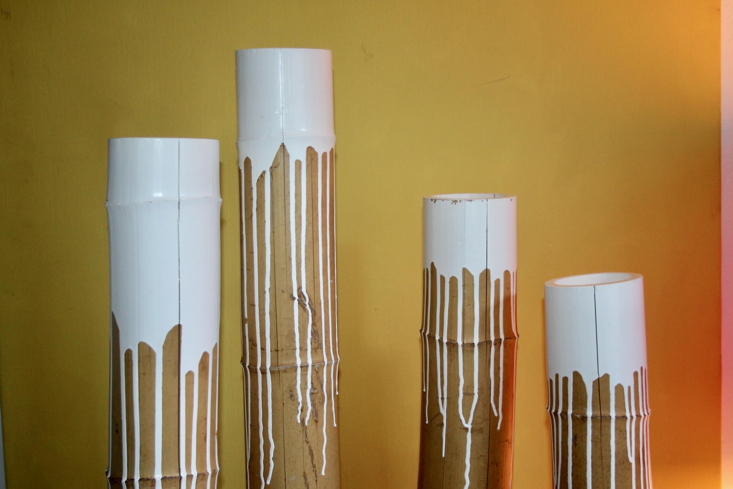 Contemporary Decorative sculpture with white paint and bamboo For Sale