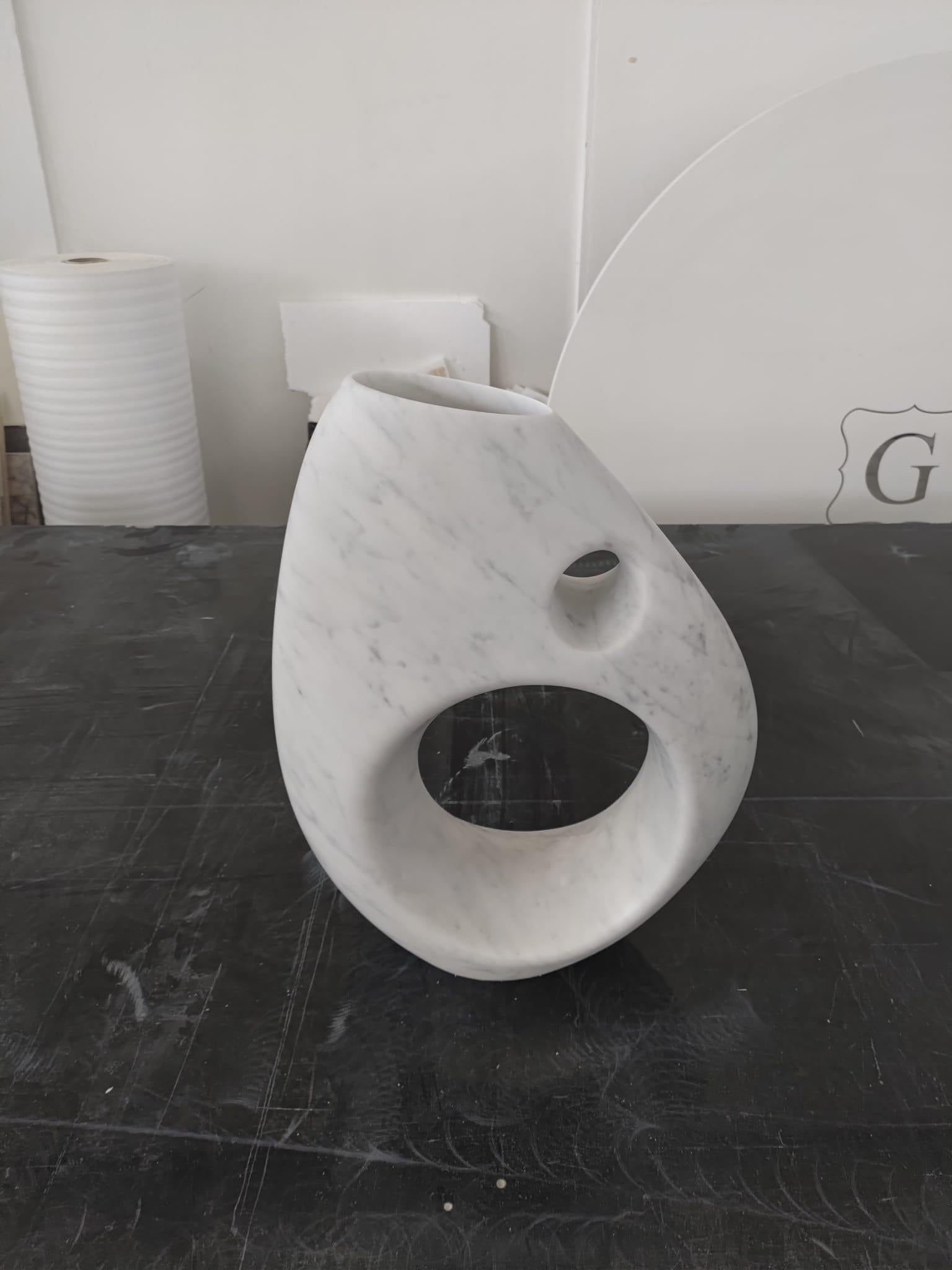 Hand-Crafted Decorative Scultptural Vase Hand Carved Solid White Carrara Marble Velvet Finish For Sale
