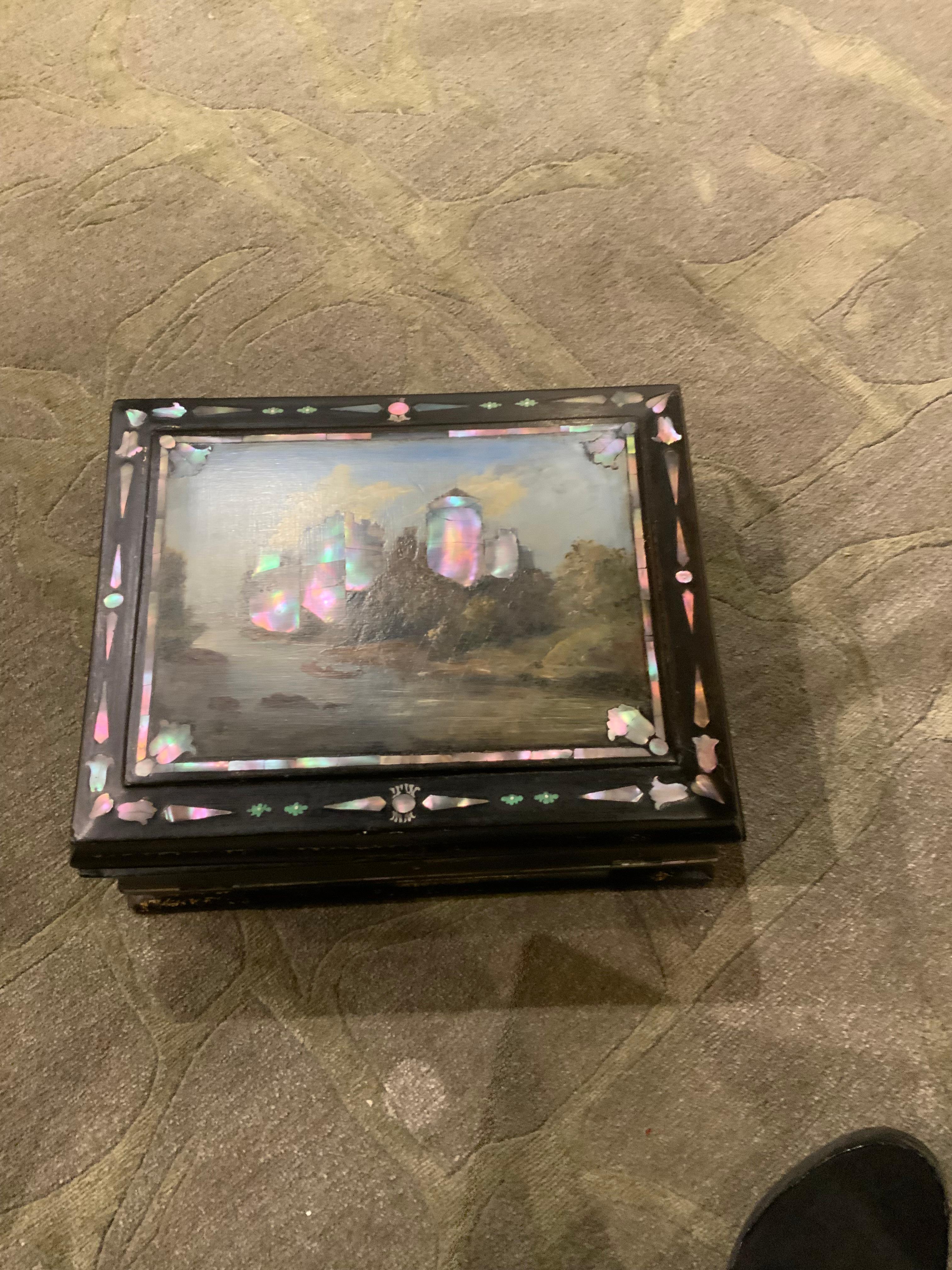British Decorative  secretary box with hand painting and mother of pearl inlay, 19 th c. For Sale