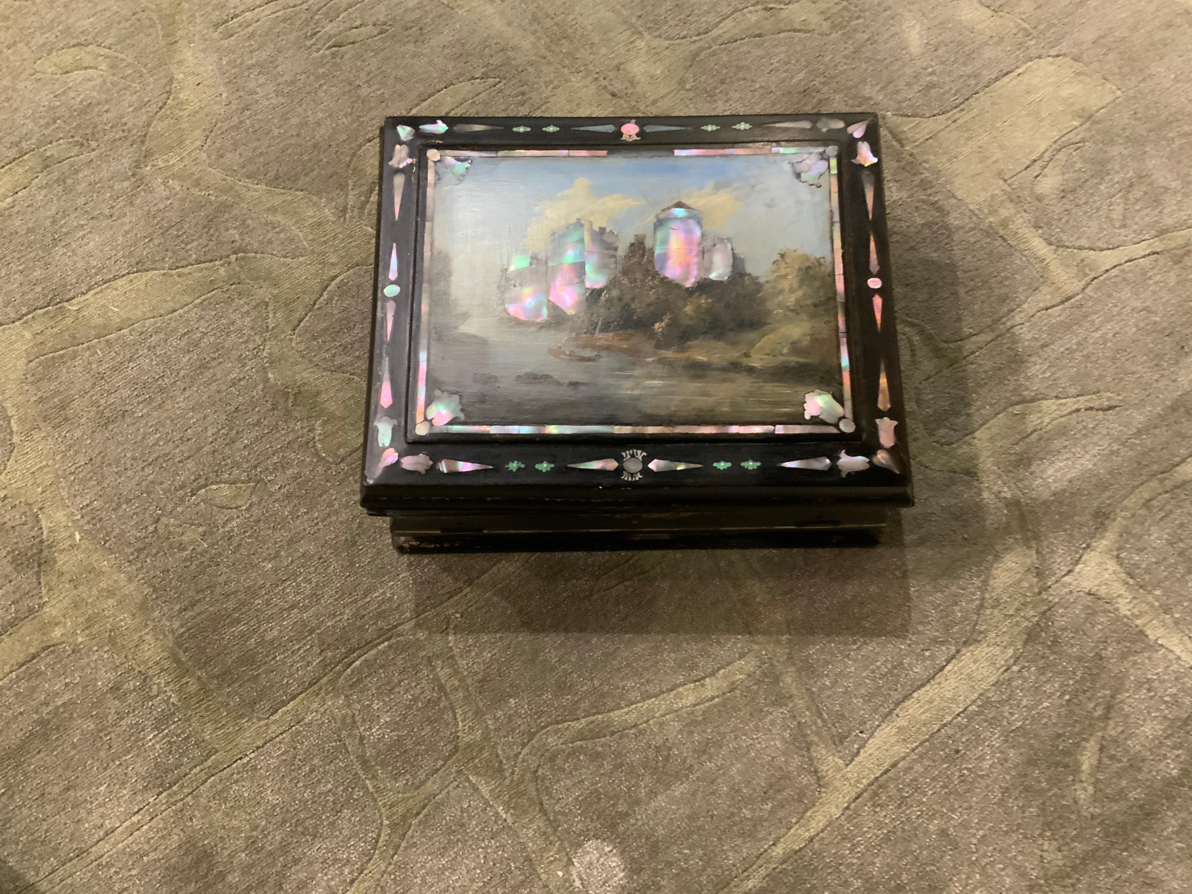 Decorative  secretary box with hand painting and mother of pearl inlay, 19 th c. In Good Condition For Sale In Houston, TX