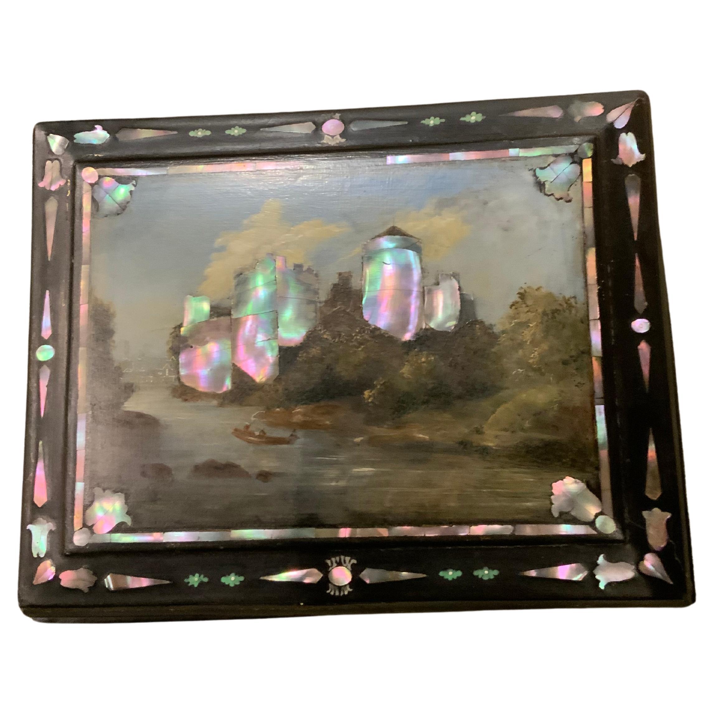 Decorative  secretary box with hand painting and mother of pearl inlay, 19 th c. For Sale