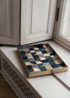 Decorative Serving Tray 60s with Green Blue Straw Marquetry Inlay Handcrafted