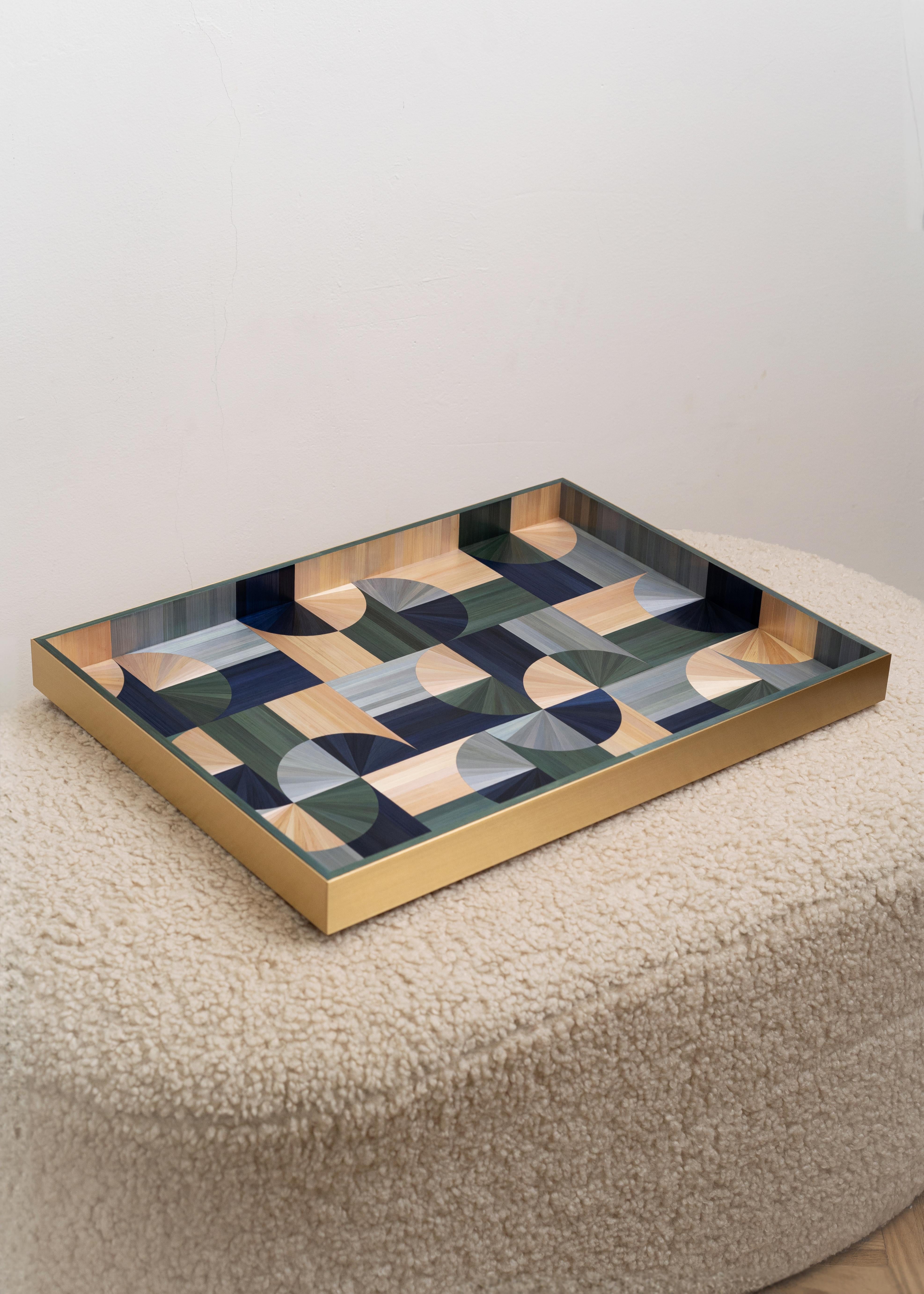 Bandeja decorativa para servir 60s con incrustaciones de marquetería de paja verde azul hecha a mano Marquetería en venta