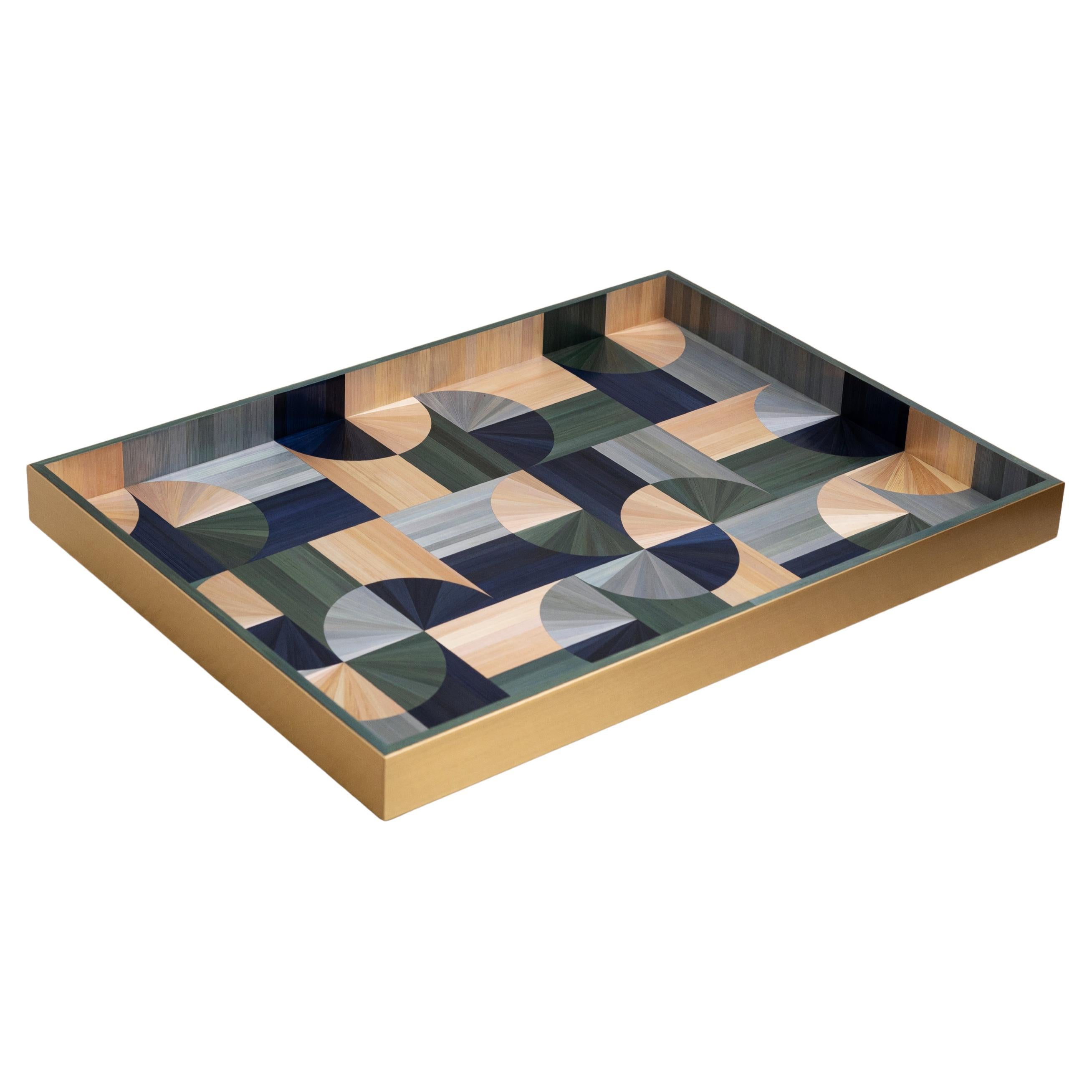 Bandeja decorativa para servir 60s con incrustaciones de marquetería de paja verde azul hecha a mano