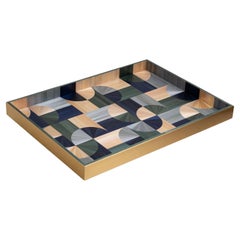 Bandeja decorativa para servir 60s con incrustaciones de marquetería de paja verde azul hecha a mano