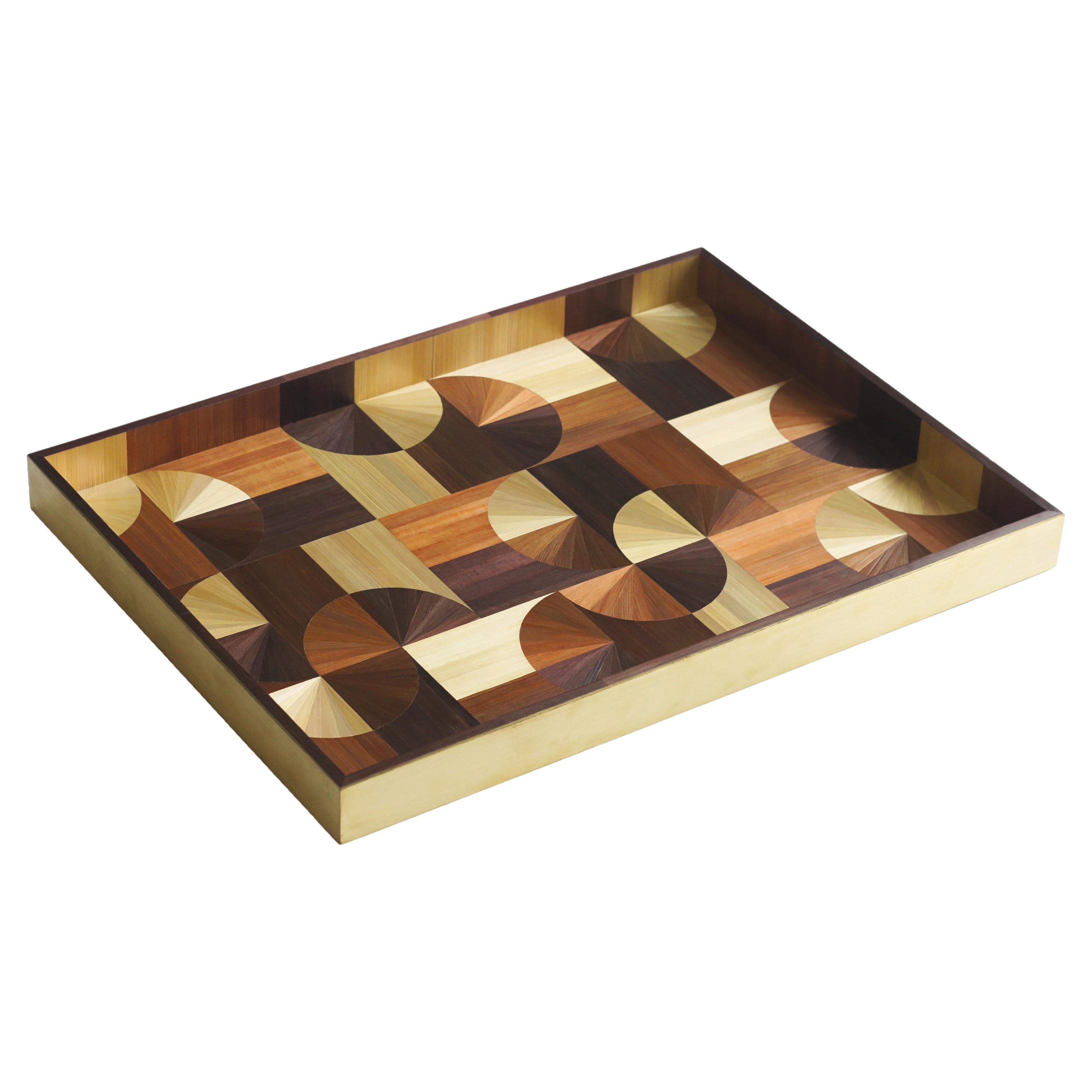 Decorative Serving Tray Brass Straw Marquetry Inlay Handcrafted Terracotta Brown For Sale