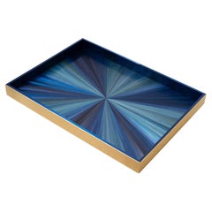 Bandeja Decorativa para Servir con Marquetería de Paja Azul Incrustación de Rayas de Sol Hecha a Mano