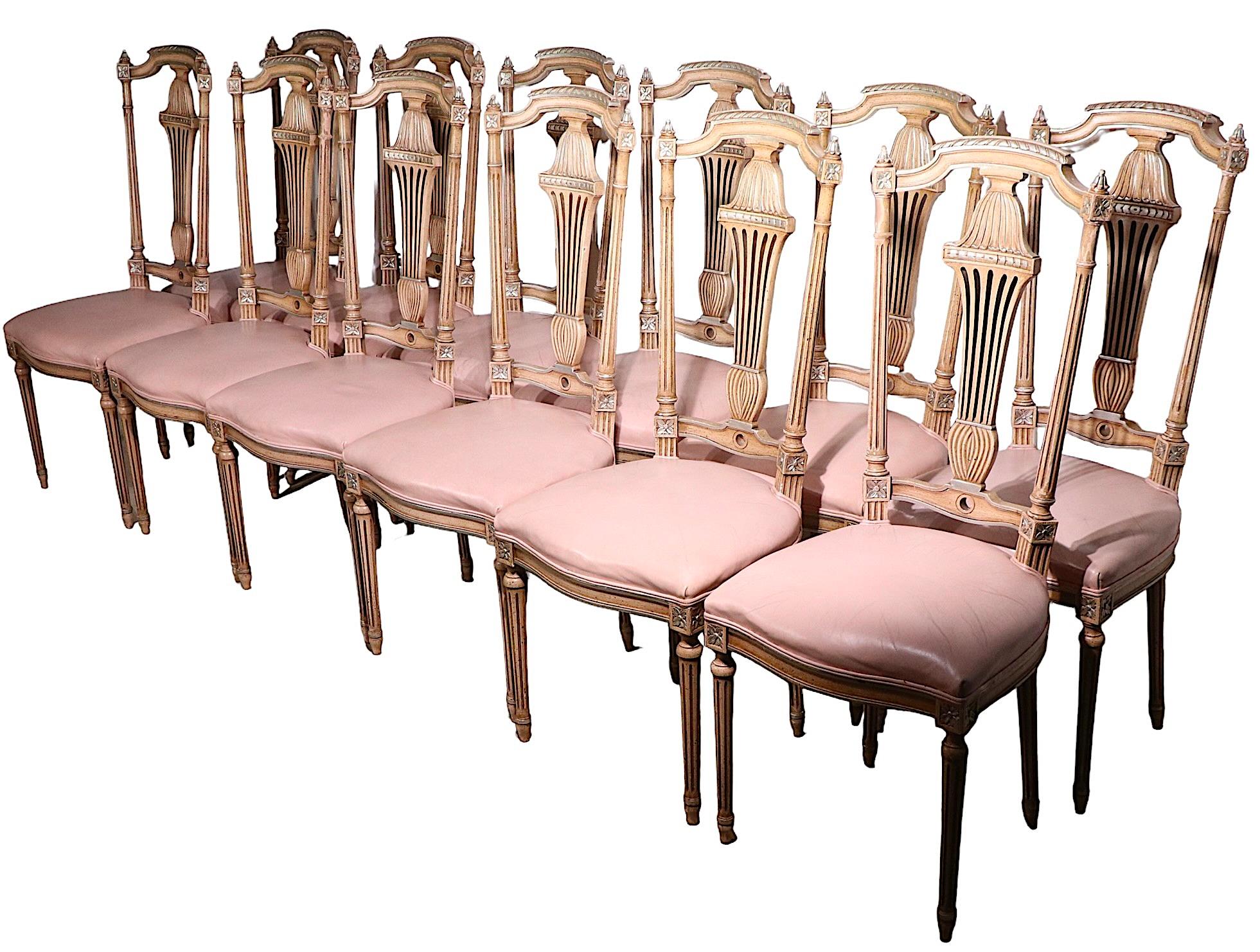 Decorative Set of 12 Italian Style Dining Chairs of Carved Wood and Leather For Sale 1