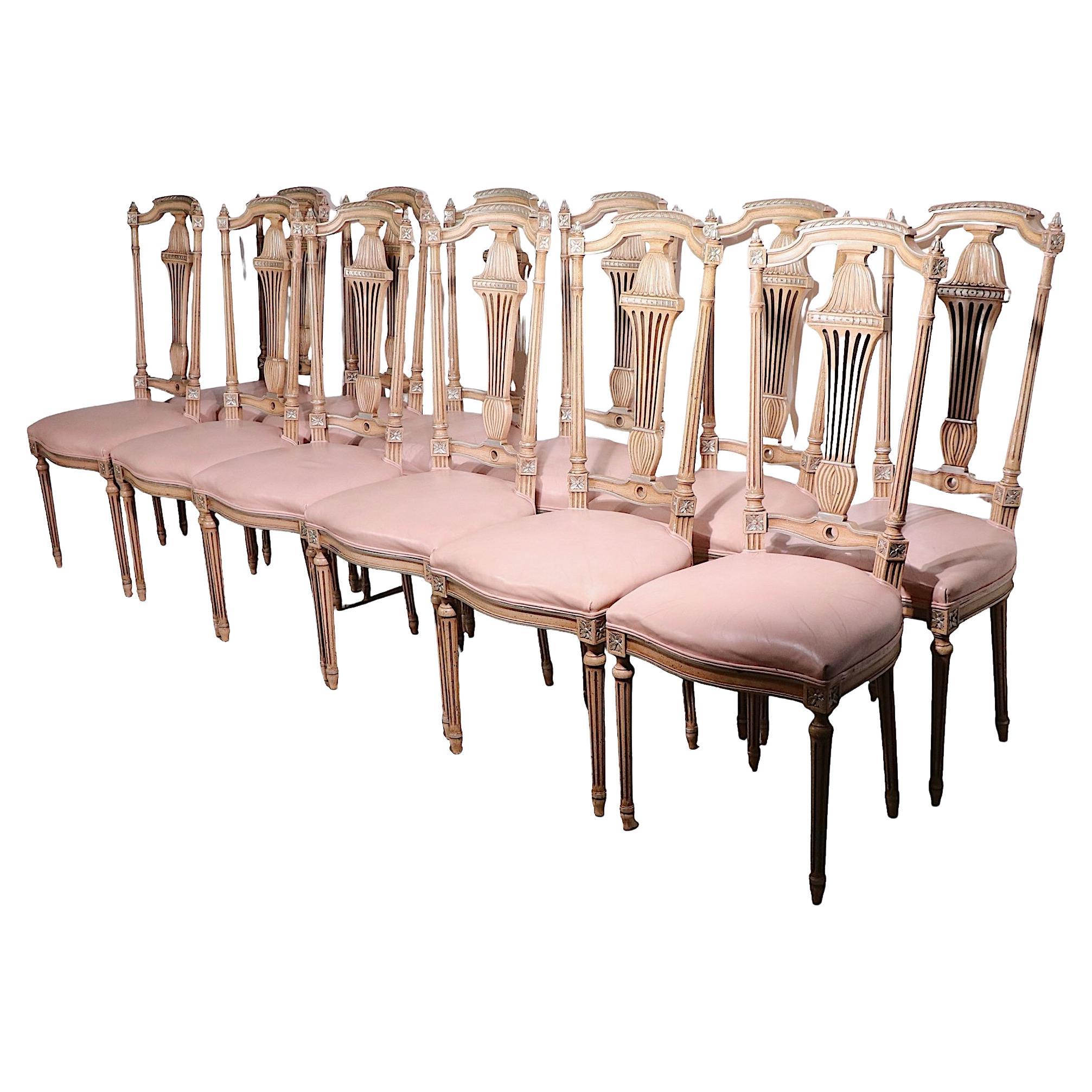 Decorative Set of 12 Italian Style Dining Chairs of Carved Wood and Leather