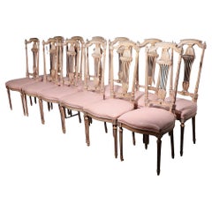 Decorative Set of 12 Italian Style Dining Chairs of Carved Wood and Leather