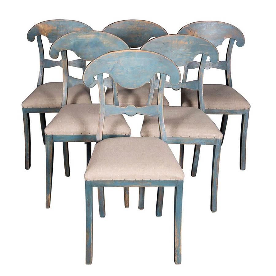 Decorative Set of Six Antique 19th Century Swedish Chairs with Blue Patina