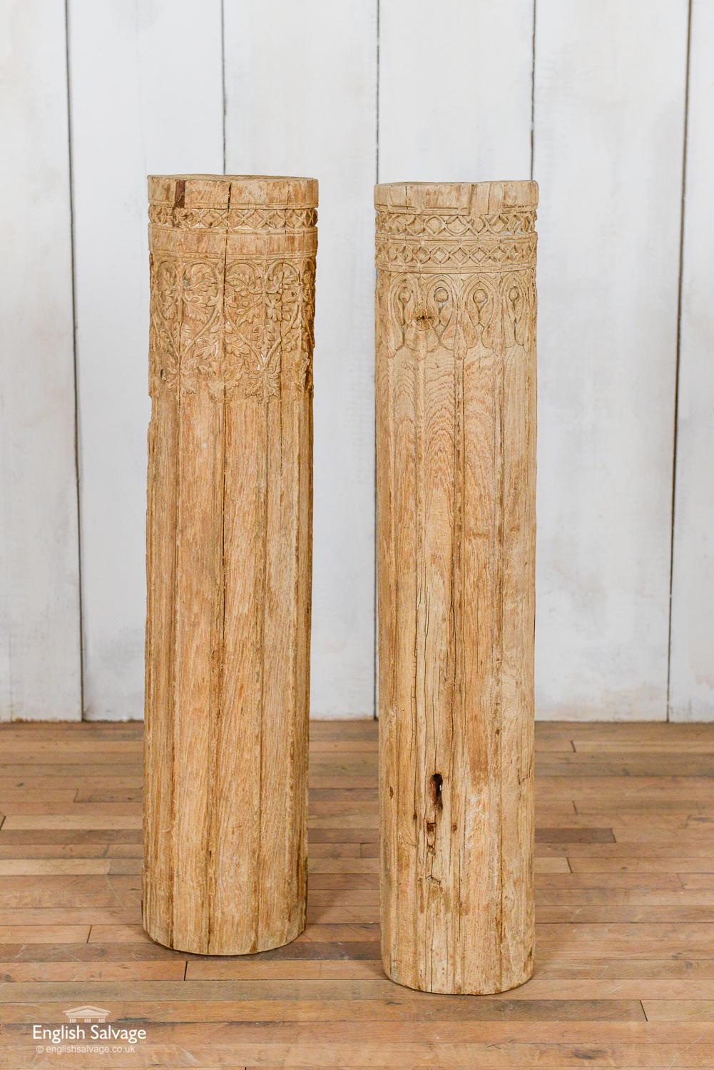 Reclaimed bleached hardwood decorative pillars. Could make nice table legs or candle holders. Smaller pillar measures 18cm x 91cm, larger one 20cm x 91cm. Splits to the wood commensurate with age.
