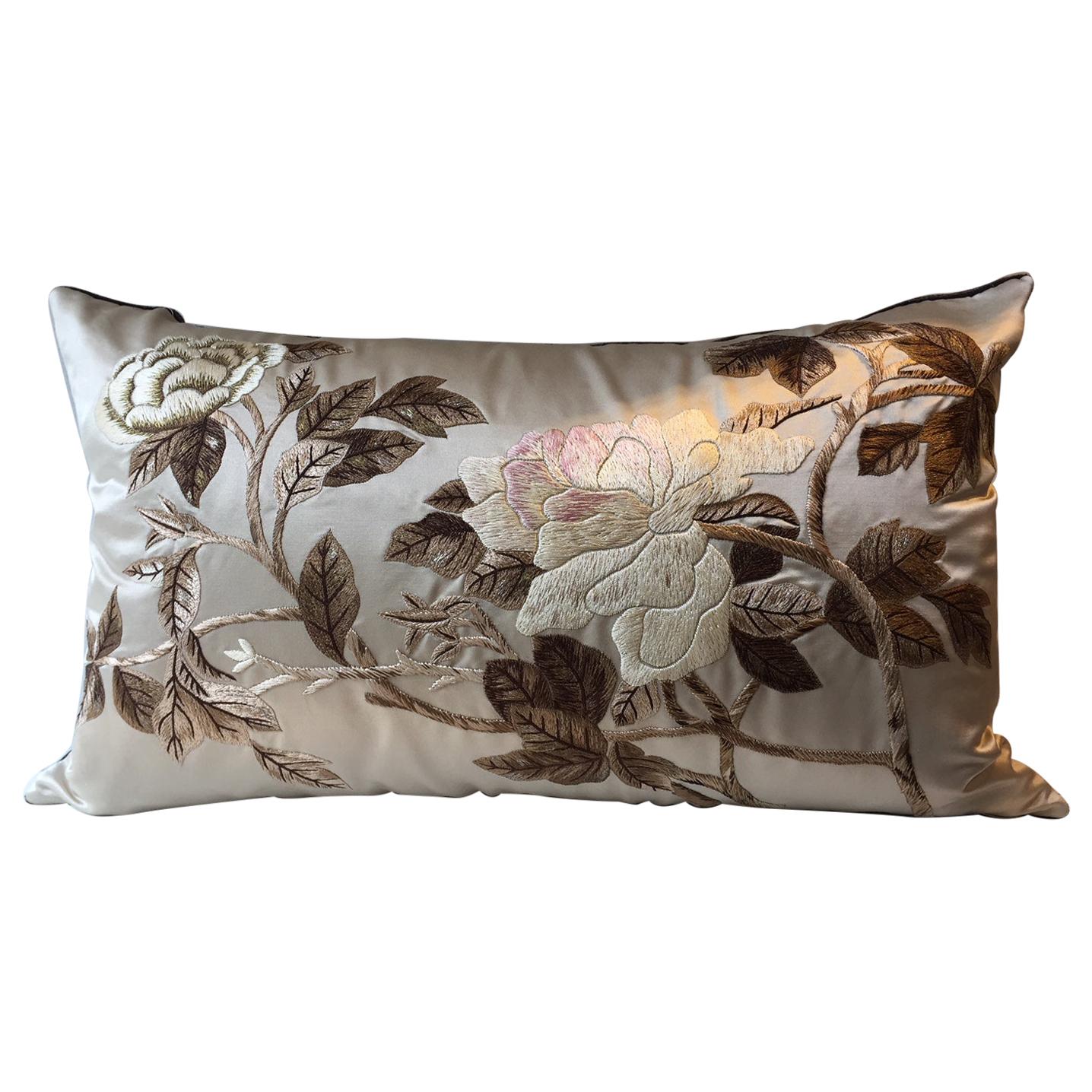 Decorative Silk Cushion with Hand Embroidered Peony Design For Sale