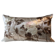 Decorative Silk Cushion with Hand Embroidered Peony Design