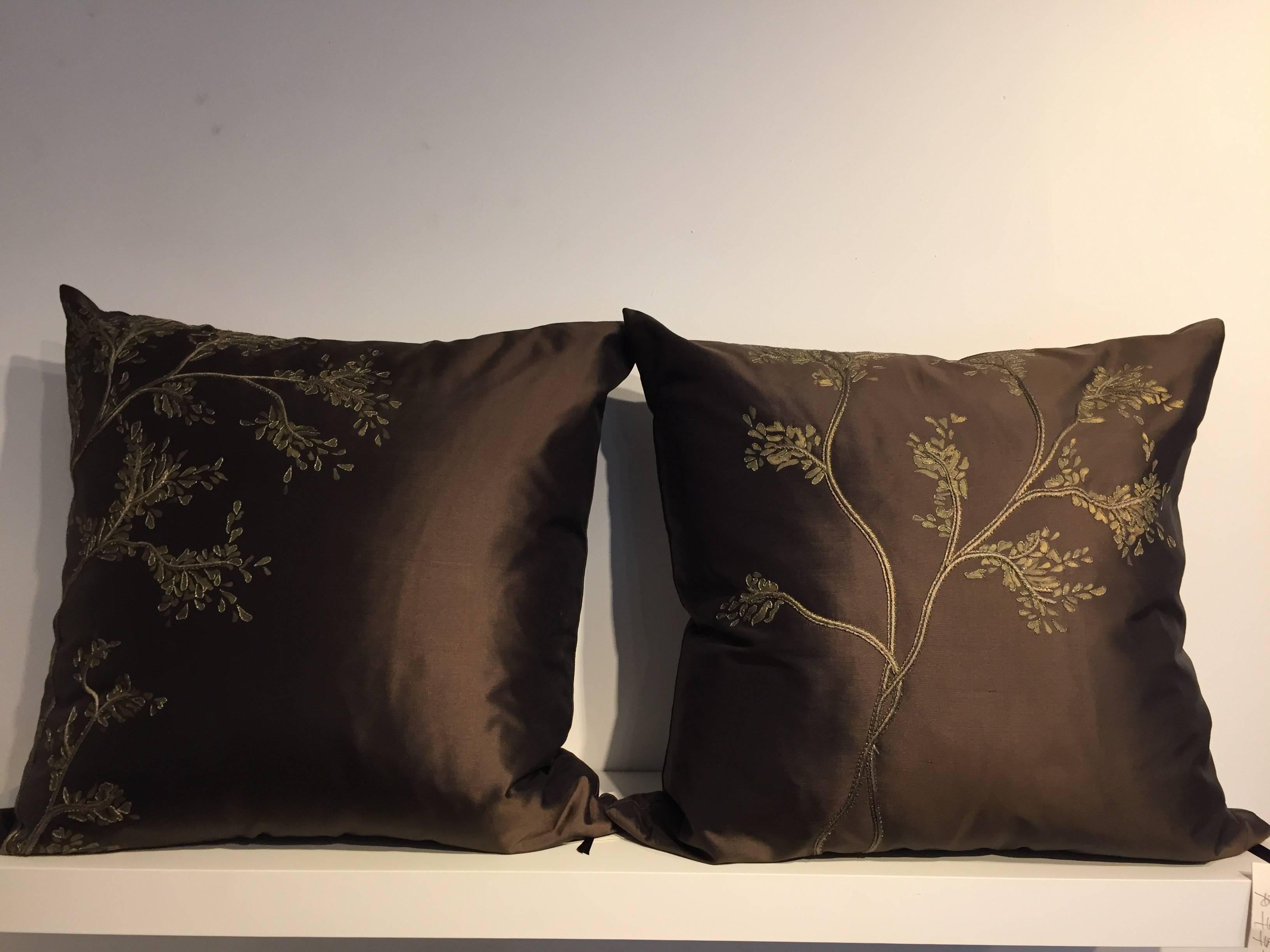 One pair of decorative cushions with hand embroidery and hand painting in the style of Emperor's garden, silk taffeta Chase Erwin Diva col. chocolate, embellished with hand embroidery in silk thread color brown, metal thread and hand painting in