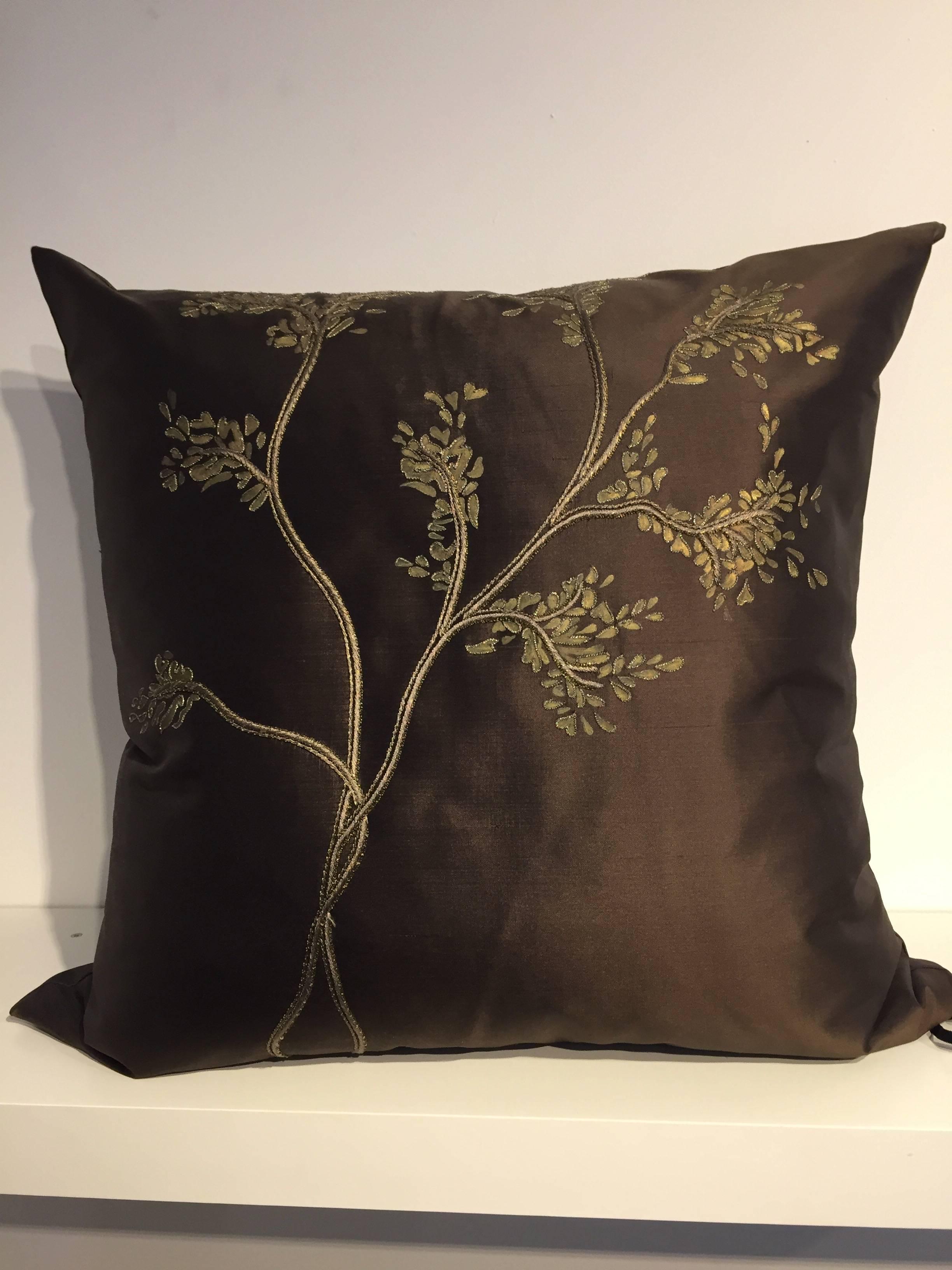 Chinoiserie Decorative Silk Cushions with Hand Embroidery and Hand-Painted Color Chocolate For Sale