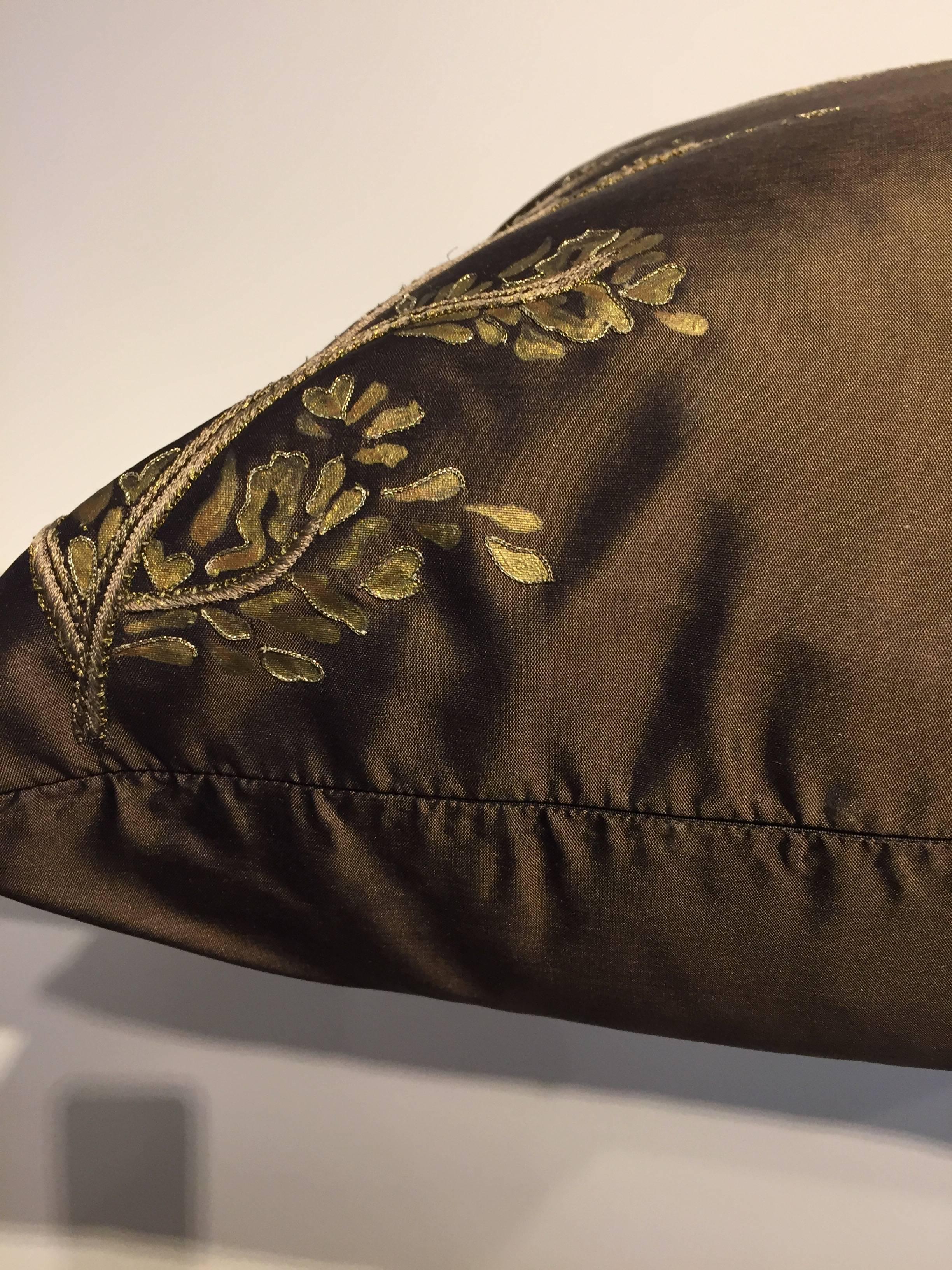 English Decorative Silk Cushions with Hand Embroidery and Hand-Painted Color Chocolate For Sale