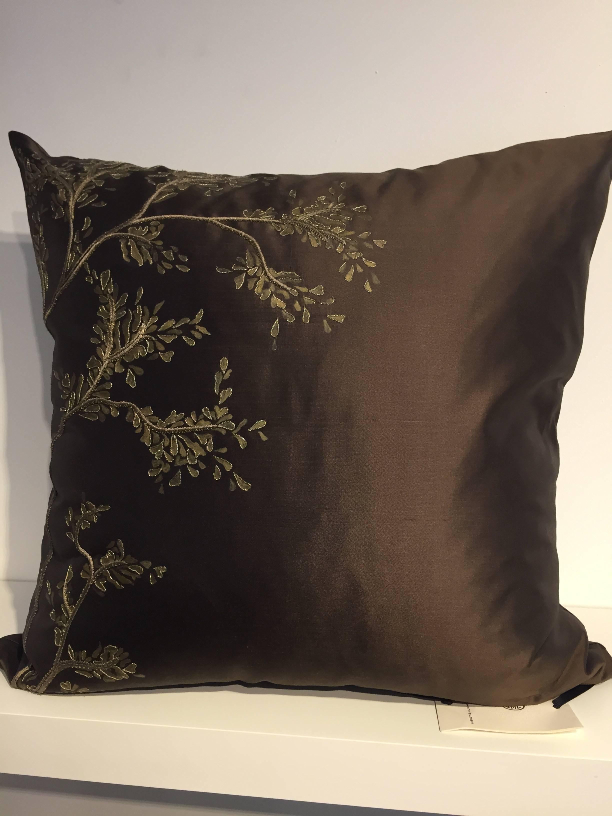 Embroidered Decorative Silk Cushions with Hand Embroidery and Hand-Painted Color Chocolate For Sale