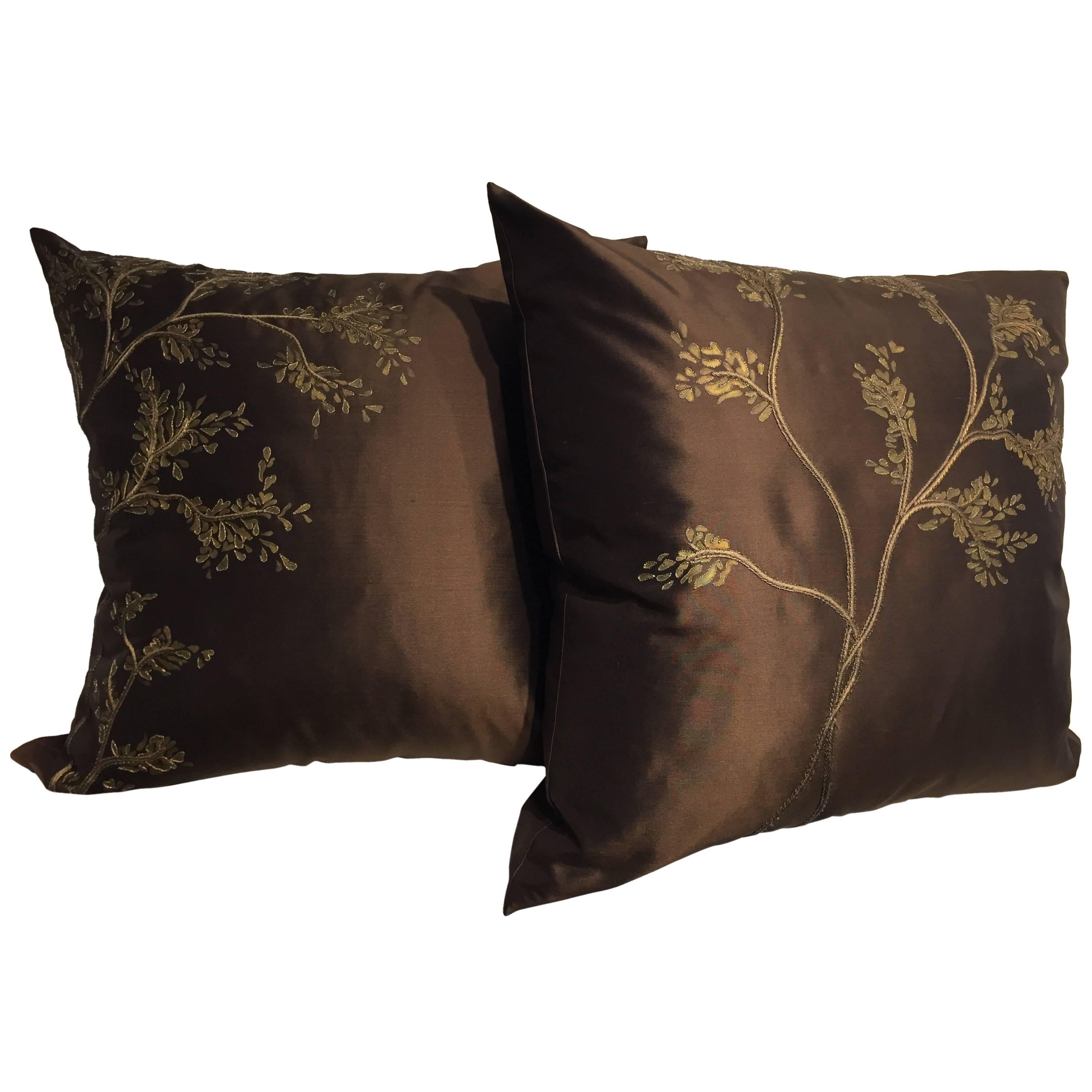 Decorative Silk Cushions with Hand Embroidery and Hand-Painted Color Chocolate For Sale