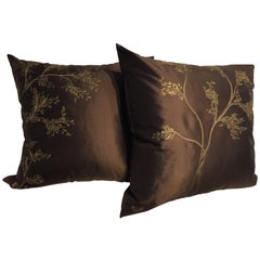 Decorative Silk Cushions with Hand Embroidery and Hand-Painted Color Chocolate