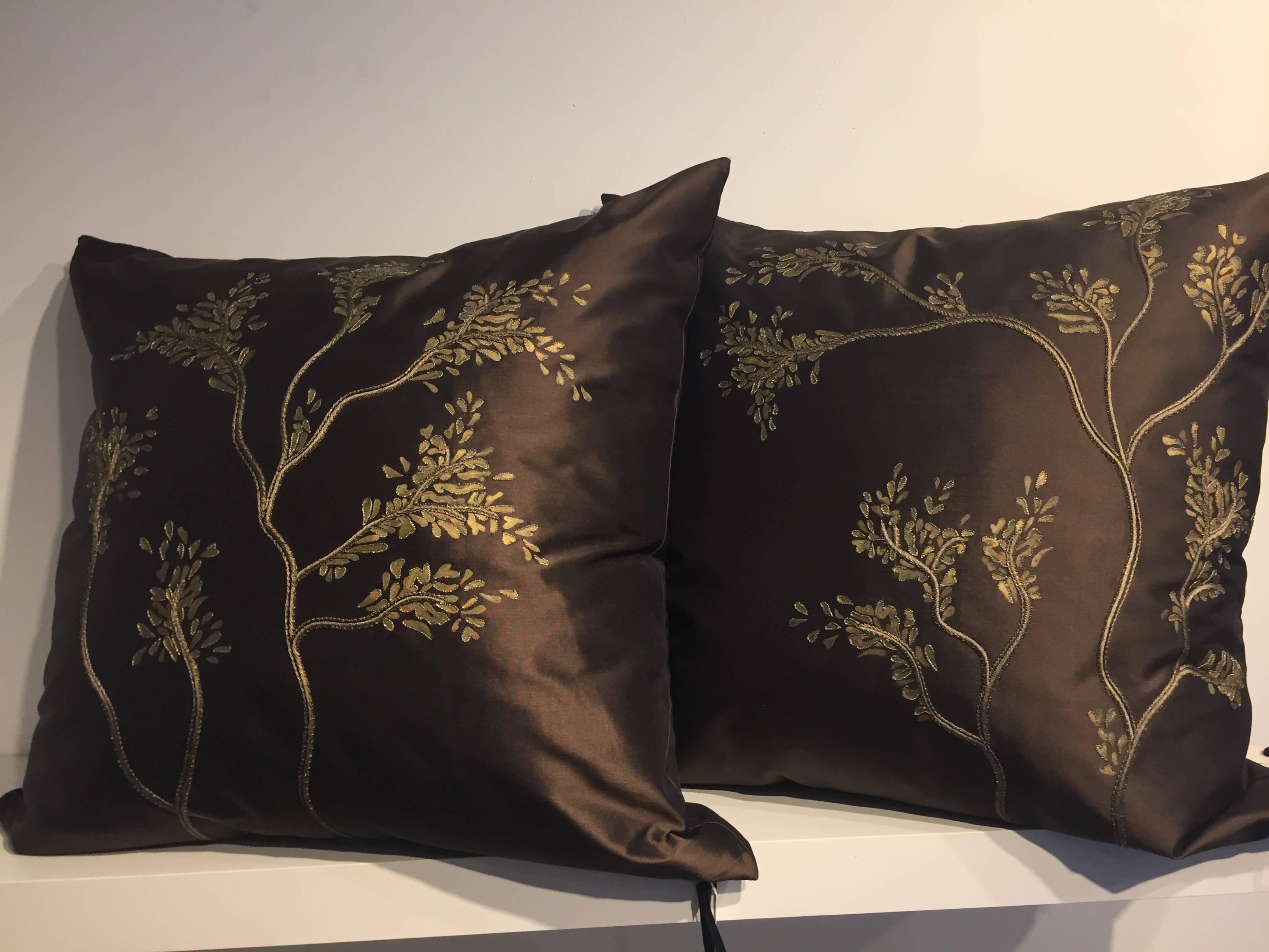 One pair of decorative cushions with hand embroidery and hand-painting in the style of Emperor's Garden, handwoven silk taffeta Chase Erwin Diva col. chocolate, embellished with hand embroidery in silk thread color brown, metal thread and